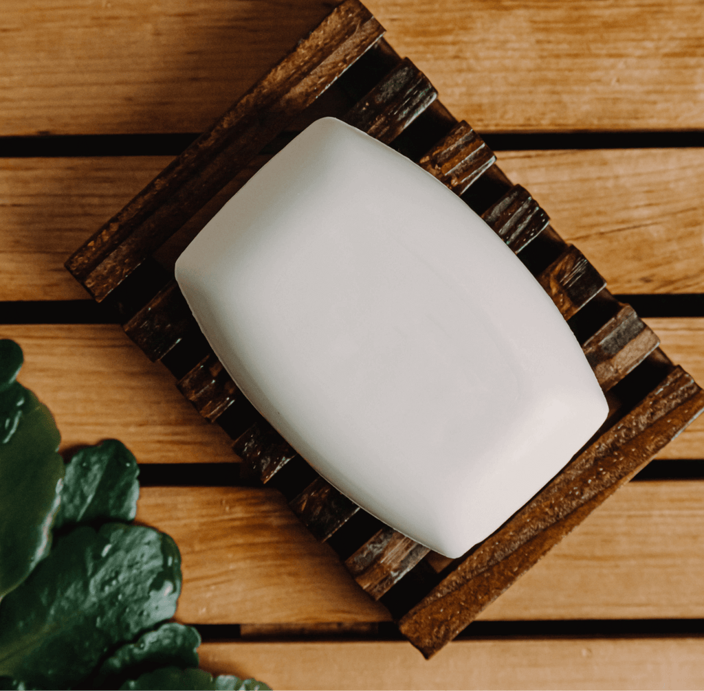White soap bar on a wooden soap dish with a plant in the corner